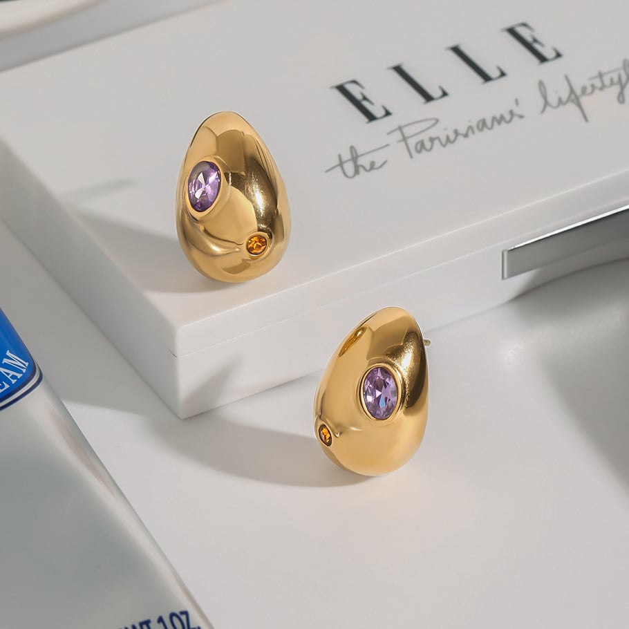 1 par de pendientes de botón de acero inoxidable dorados con forma de gota de Europa y América, serie clásica para mujer Imagen4
