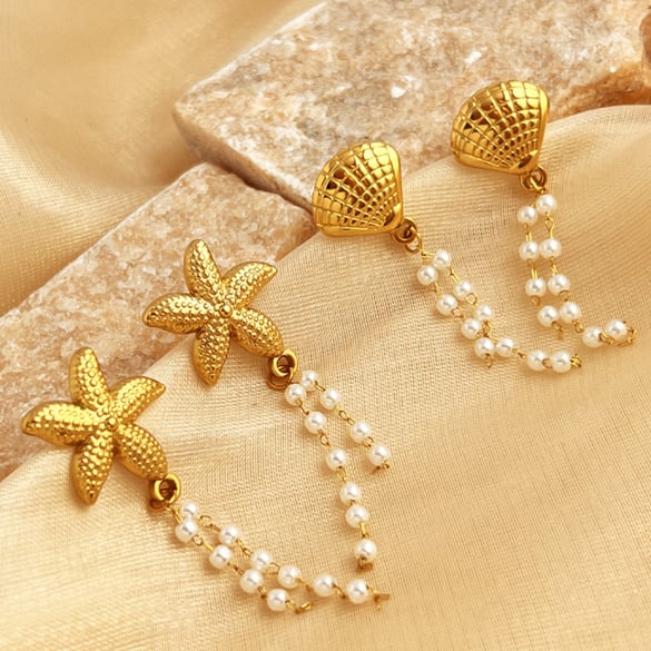 1 paire de boucles d&#39;oreilles pendantes pour femme, série Simple, style tortue rétro, en acier inoxydable, couleur or, perles artificielles 2