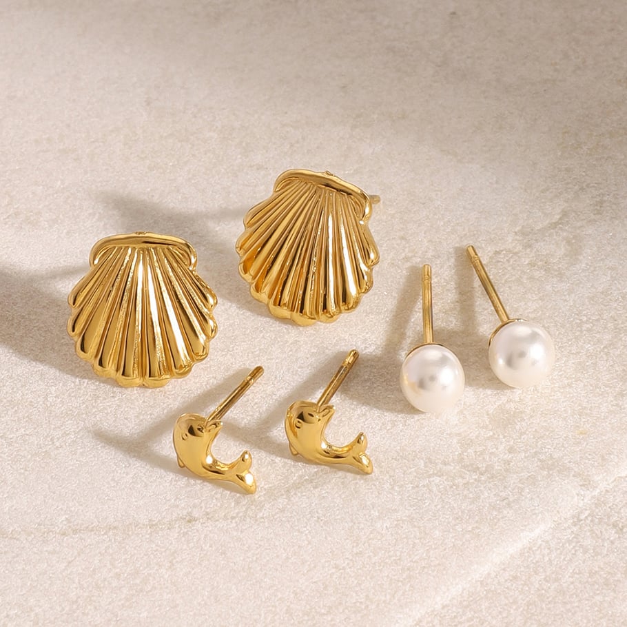 1 Pair Simple Series Europe and America Turtle Stainless Steel 18K Gold Plated Artificial Pearl Women Earrings Set Picture4