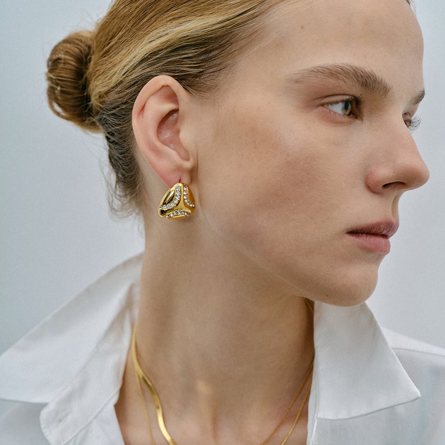 ¡Modelo de diseñador JD! Pendientes de acero inoxidable en oro de 18 quilates con diamantes/lágrima, estilo europeo y americano, sencillos y fríos. Imagen8