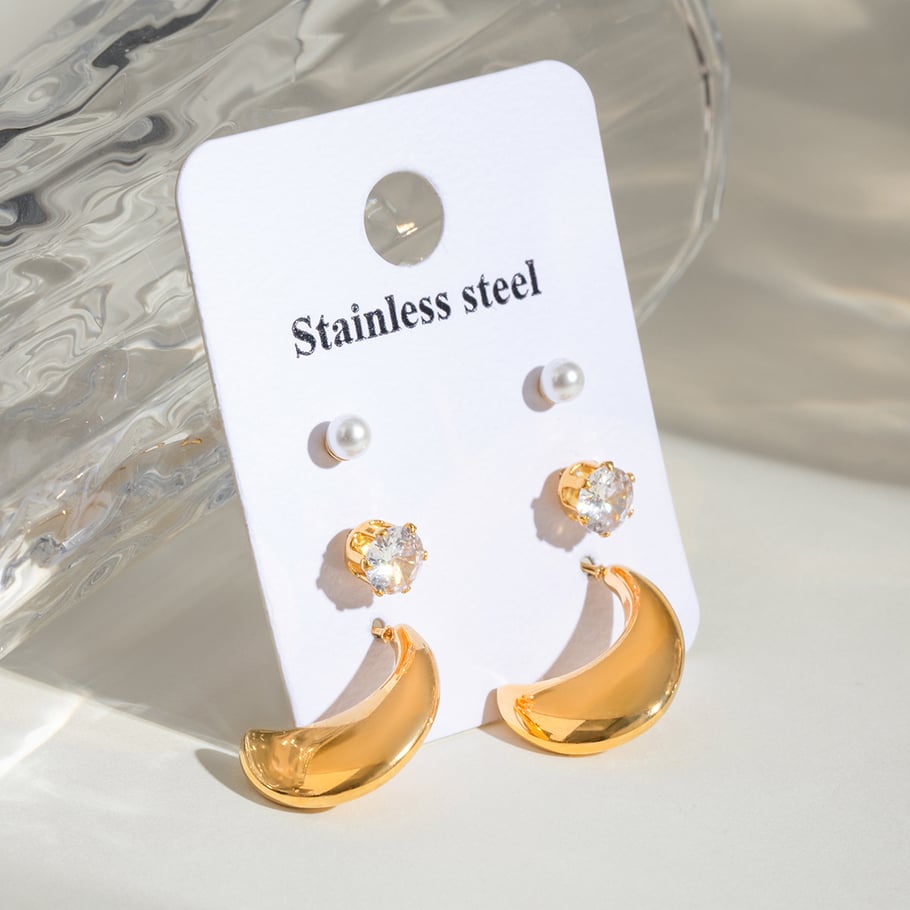 1 Paar Simple Series Casual Sonne/Mond Edelstahl 18 Karat vergoldet Kunstperle Damen Ohrringe Set Bild4