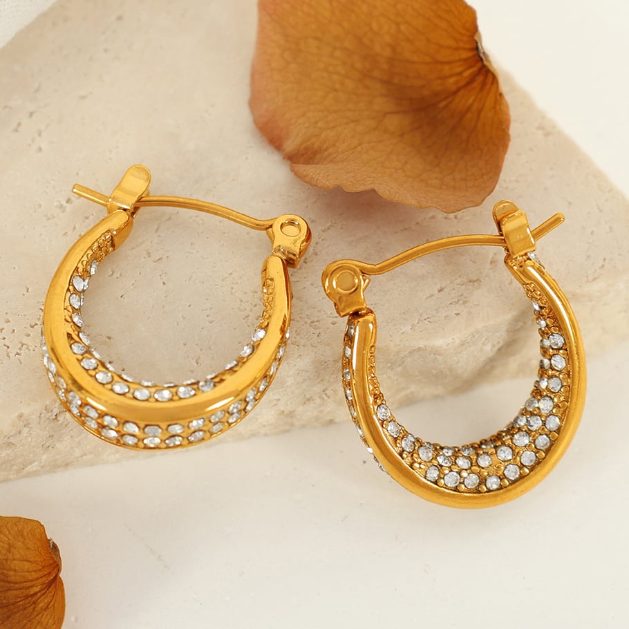 1 Pair Simple Series Classic Geometric Stainless Steel 18K Gold Plated Rhinestone Women Hoop Earrings Picture4