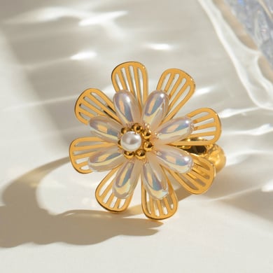 1 Pair Classic Series Retro Flower Stainless Steel 18K Gold Plated Artificial Pearl Women Adjustable Rings h5 Picture4