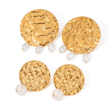 1 Paar Persönlichkeitsstil 18 Karat Gold Edelstahl Große runde gehämmerte ovale Perlenohrringe Trendy Schmuck Damen-Anhängerohrringe h5 Bild7