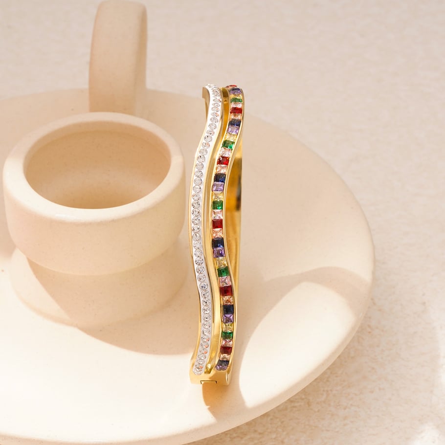 1 Piece Dazzling Series Elegant Mixed Color Curve Stainless Steel Gold Color Women's Bangles Picture5