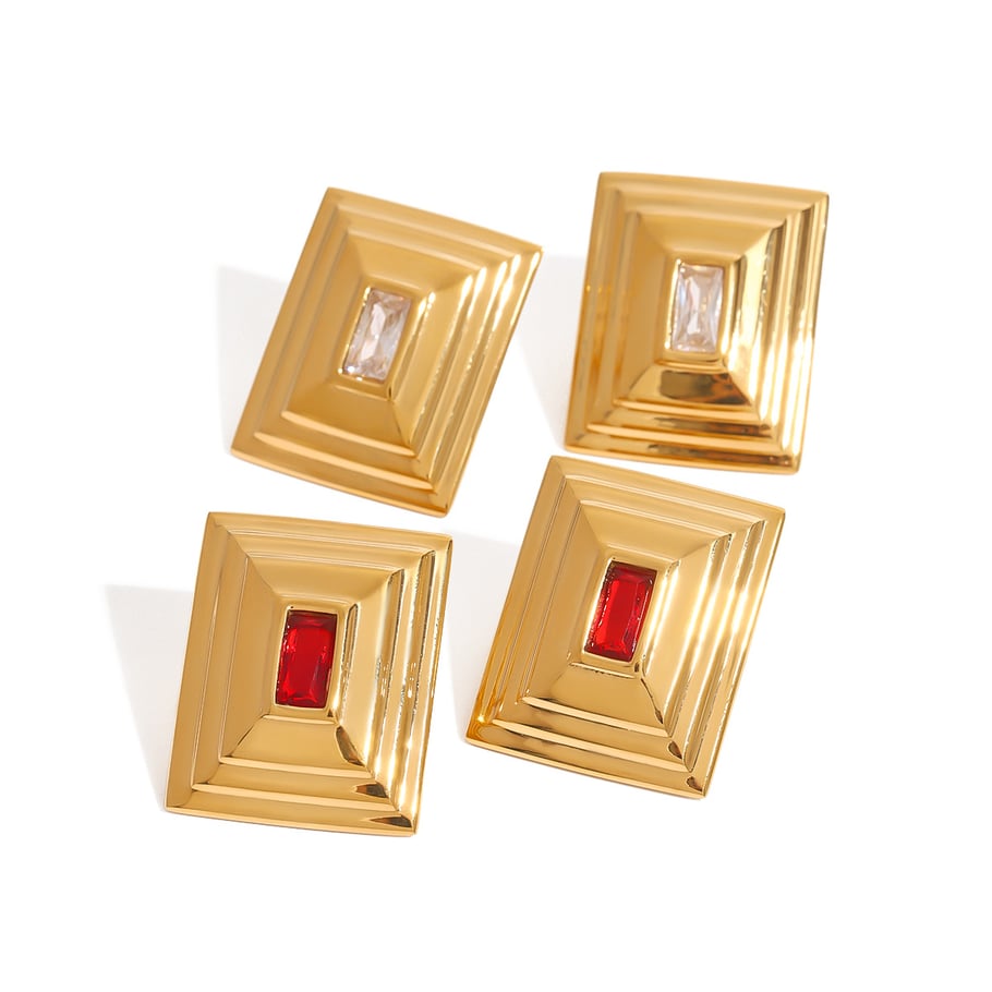 1 par de lujosos pendientes de botón de acero inoxidable dorados con diseño cuadrilátero retro para mujer Imagen5