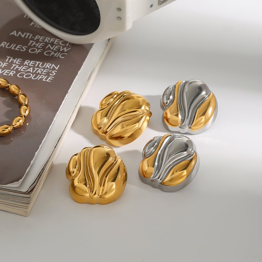 1 Pair Stylish Series Water Ripple Texture Stainless Steel Gold Color Women's Stud Earrings Picture5