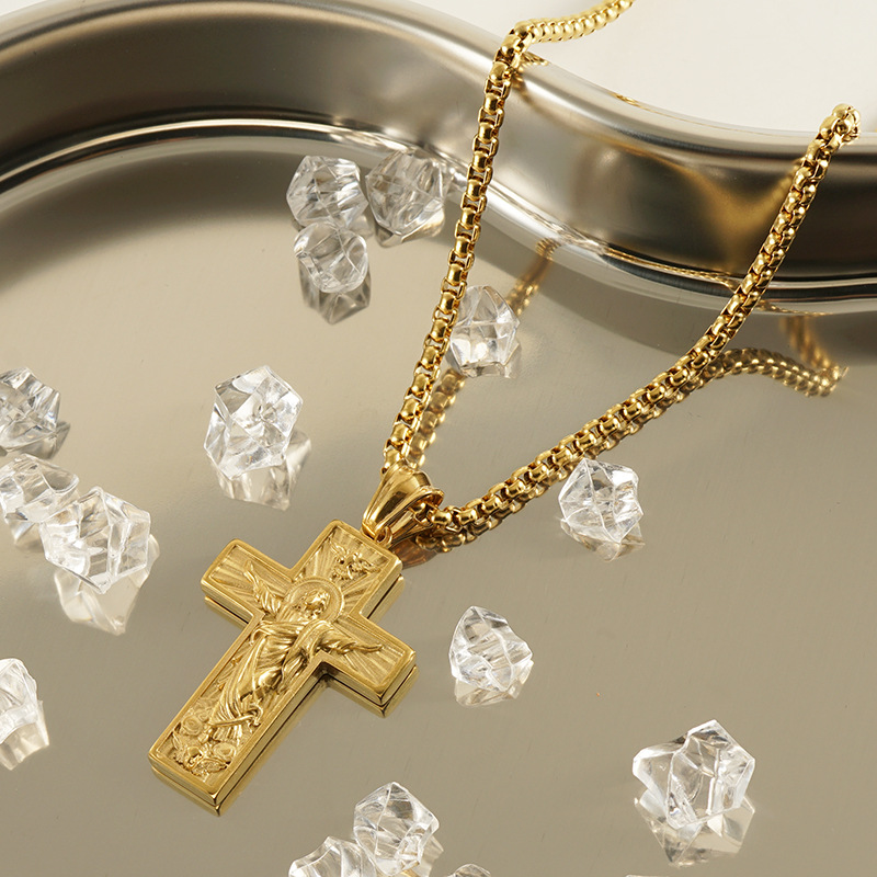 1 Paar Edelstahl-Kreuz-Halskette mit Gott des Friedens für Herren und Damen, Retro-18K3D-geprägter Priester-Anhänger, Unisex-Herren-Halskette Bild5