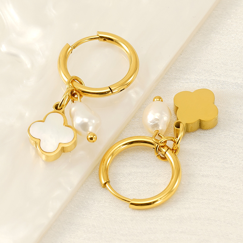 1 Pair Fashionable Simple Style Four-leaf Clover Shape Stainless Steel 18K Gold Plated Inlay Artificial Pearl Women's Drop Earrings Picture3