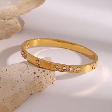 1 Piece Simple Series Europe and America round Stainless Steel 18K Gold Plated Rhinestone Women Bangles h5 Picture3