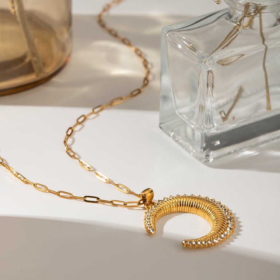 1 stück simple series  style sonne/mond edelstahl 18 karat vergoldet strass damen halsketten mit anhänger Bild2
