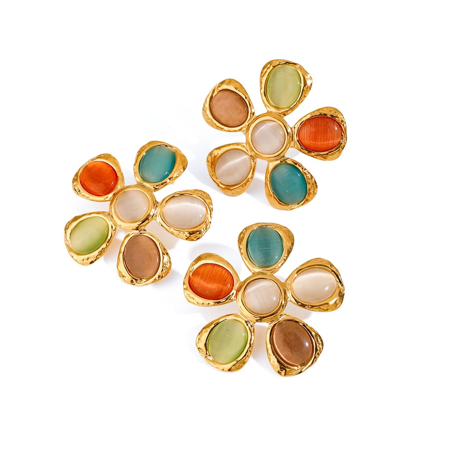 1 Pair Romantic Series Vacation Flower Stainless Steel Gold Color Natural Cat-eye Stone Women's Stud Earrings h5Picture8
