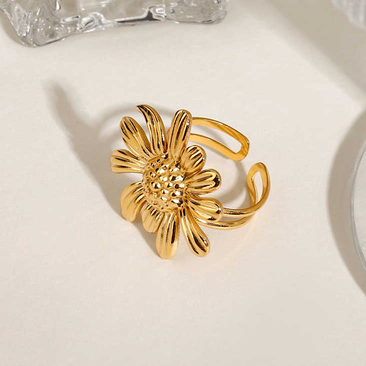 1 Piece Retro Flower Stainless Steel Gold Color Women's Adjustable Rings Picture4