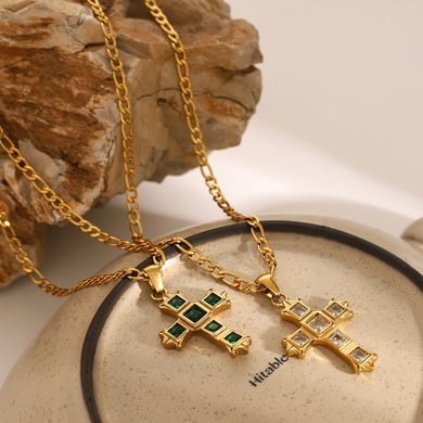 Collier avec pendentif croix classique en acier inoxydable plaqué or 18 carats et zircon pour femme, série ethnique, 1 pièce h5 Image6