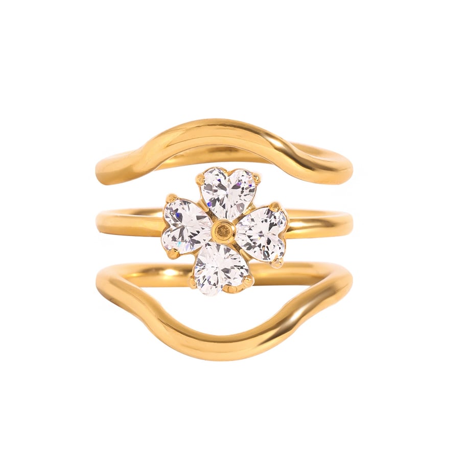Conjunto de anillos de mujer de acero inoxidable color dorado con diseño de planta de estilo Ins de 1 pieza de lujo Imagen9