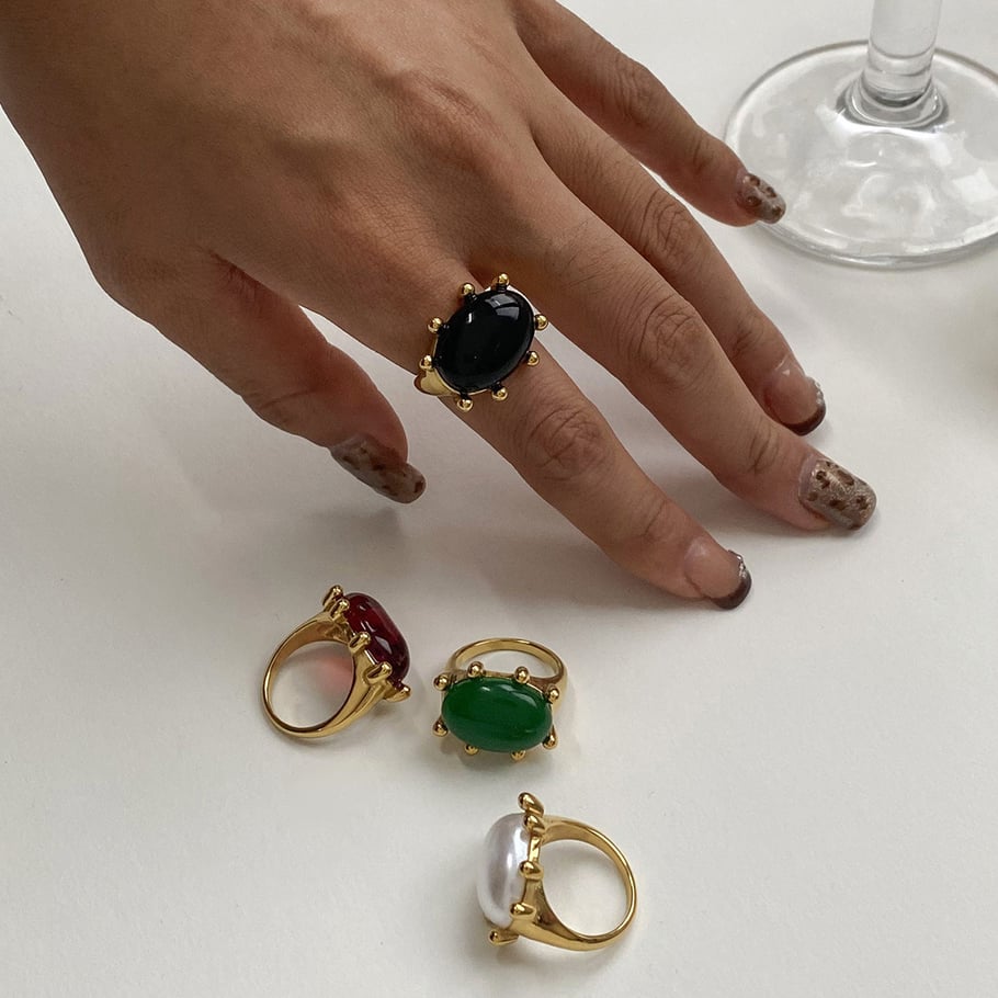 Anillos individuales de lujo para mujer, de acero inoxidable, color dorado, con piedra natural, estilo retro francés ovalado, de 1 pieza Imagen11