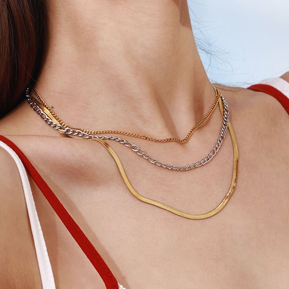 1 Stück Simple Series Ins Style Line Edelstahl Goldfarbene mehrlagige Halsketten für Damen 2