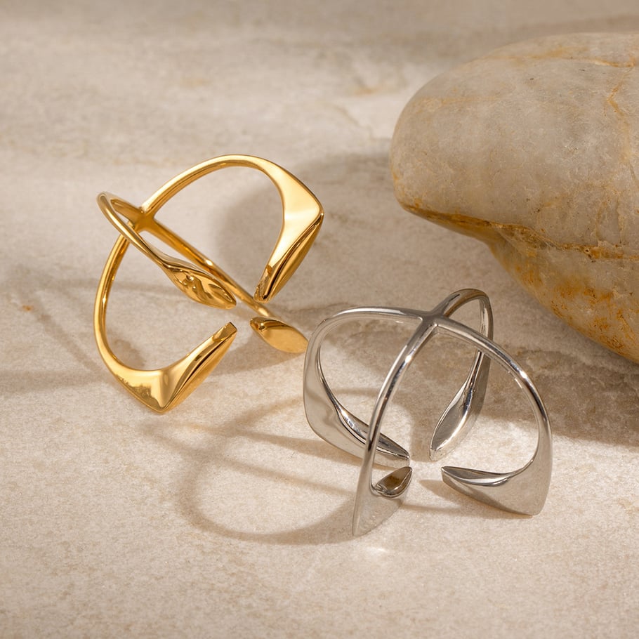 1 Paar Simple Series Einfache geometrische Edelstahl 18 Karat vergoldete verstellbare Damenringe Bild4