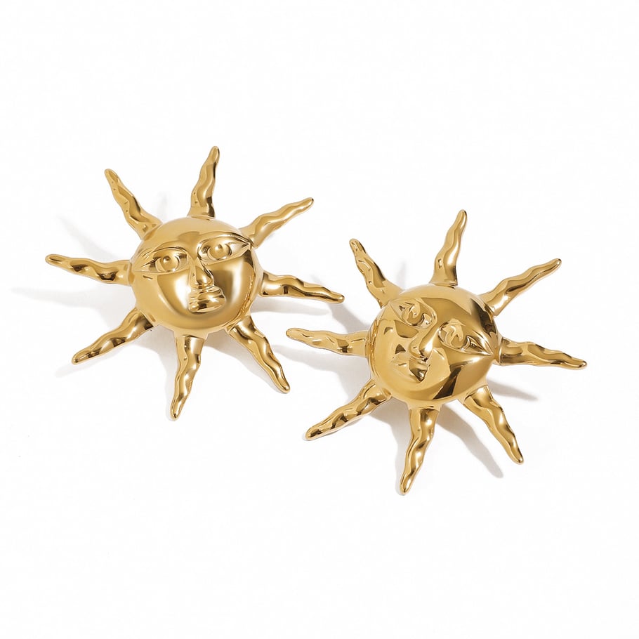 1 par de aretes de botón para mujer, de acero inoxidable chapado en oro de 18 quilates, estilo retro, con diseño de sol y luna. Imagen11