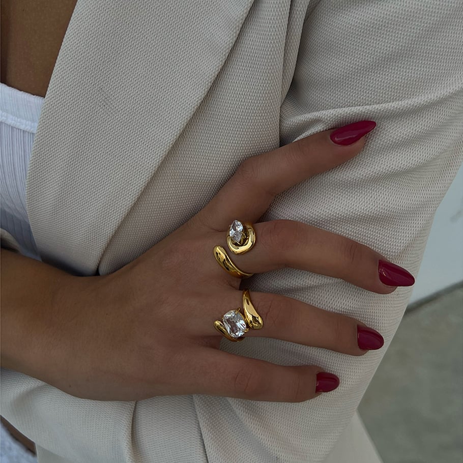 1 Pair Luxurious Series ins style irregular Stainless Steel 18K Gold Plated Rhinestone Women Single Rings Picture7