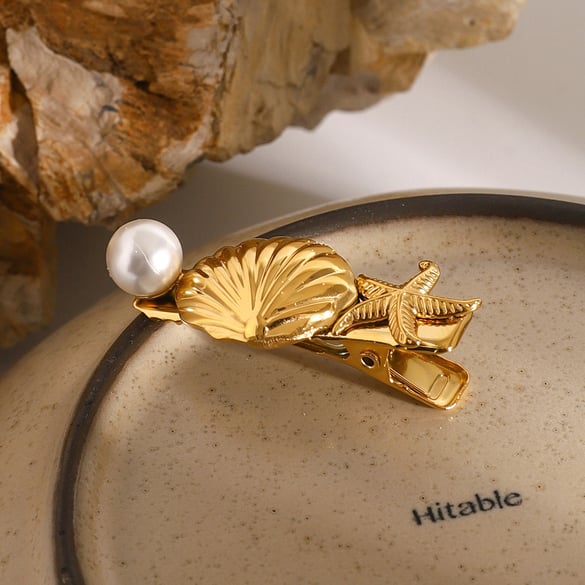 1 paire de pinces à cheveux pour femmes, série Simple, style tortue, en acier inoxydable plaqué or 18 carats, avec perles artificielles