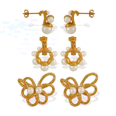 1 Pair Romantic Series Retro Flower Stainless Steel 18K Gold Plated Artificial Pearl Women Stud Earrings h5 Picture7