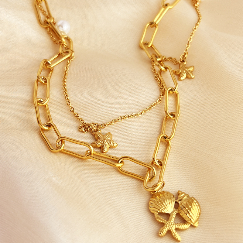 1 Piece Vacation Series Double-layer Exquisite Seashell Stainless Steel Gold Color Women's Layered Necklaces Picture3