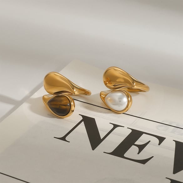1 Paar Classic Series Simple Droplet Edelstahl 18 Karat vergoldet Damen verstellbare Ringe 2