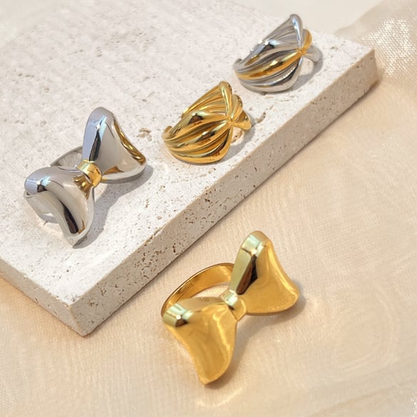 1 pezzo semplice serie retrò fiocco nodo acciaio inossidabile colore oro anelli regolabili da donna