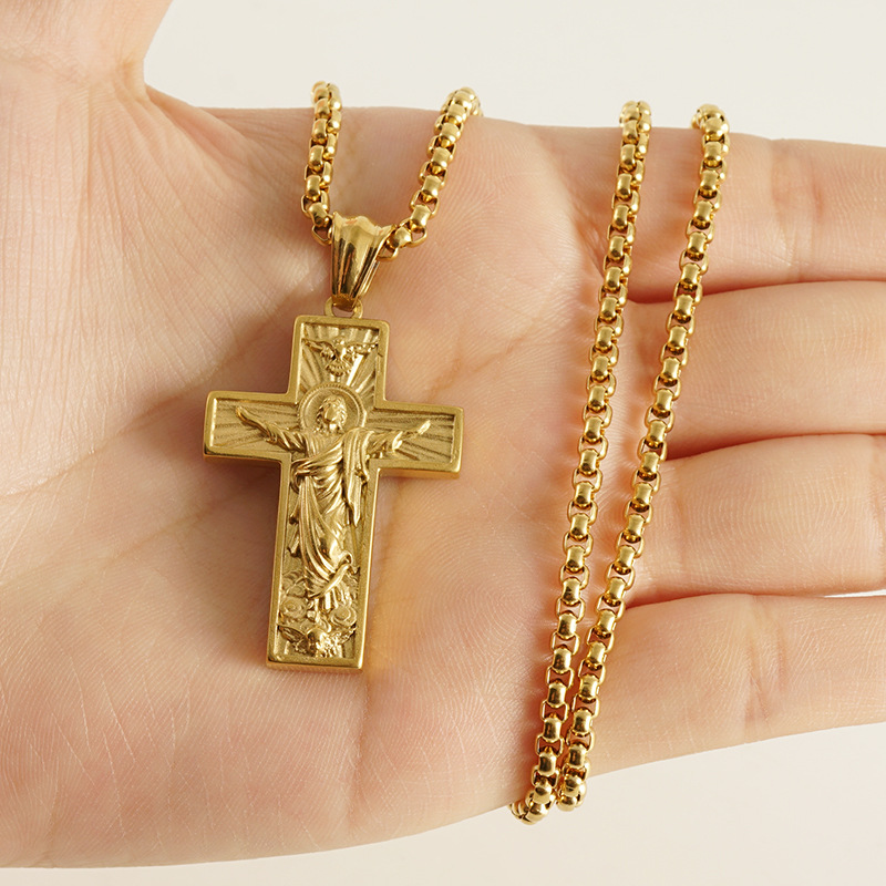 1 Paar Edelstahl-Kreuz-Halskette mit Gott des Friedens für Herren und Damen, Retro-18K3D-geprägter Priester-Anhänger, Unisex-Herren-Halskette Bild4