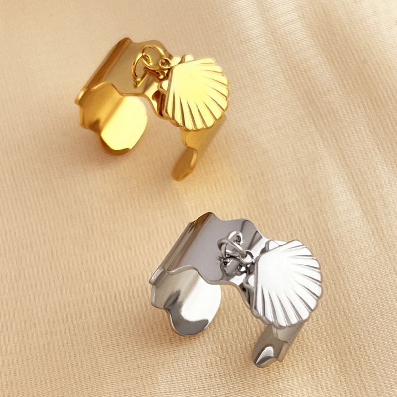 1 Piece Designable Series Chic Seashell Dangle Stainless Steel Gold Color Women's Adjustable Rings h5Picture4