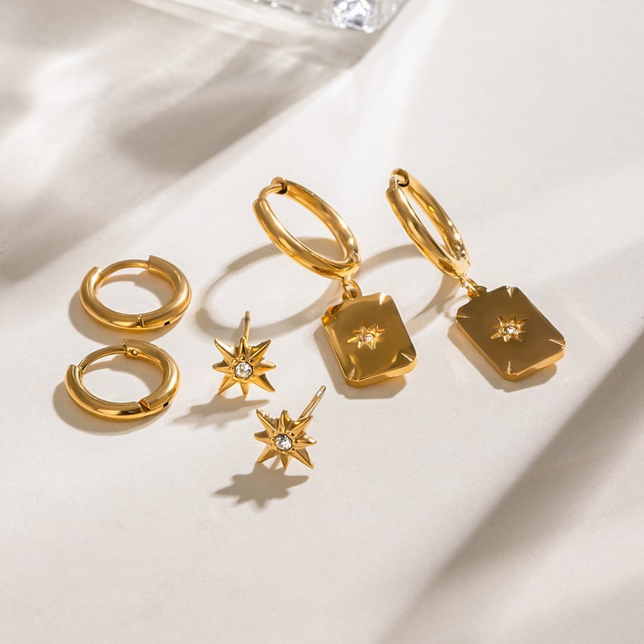 1 Paar Retro-Ohrringe-Set mit achtzackigem Stern aus der Simple Series aus Edelstahl mit 18 Karat vergoldetem Strass für Damen Bild3