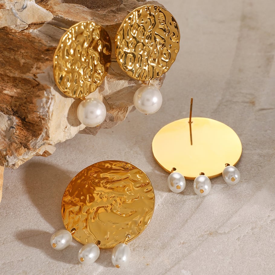 1 Paar Persönlichkeitsstil 18 Karat Gold Edelstahl Große runde gehämmerte ovale Perlenohrringe Trendy Schmuck Damen-Anhängerohrringe Bild6