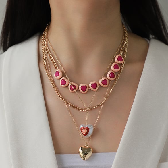 Colliers superposés en alliage pour femmes, série romantique, motif cœur doux, 1 pièce 2