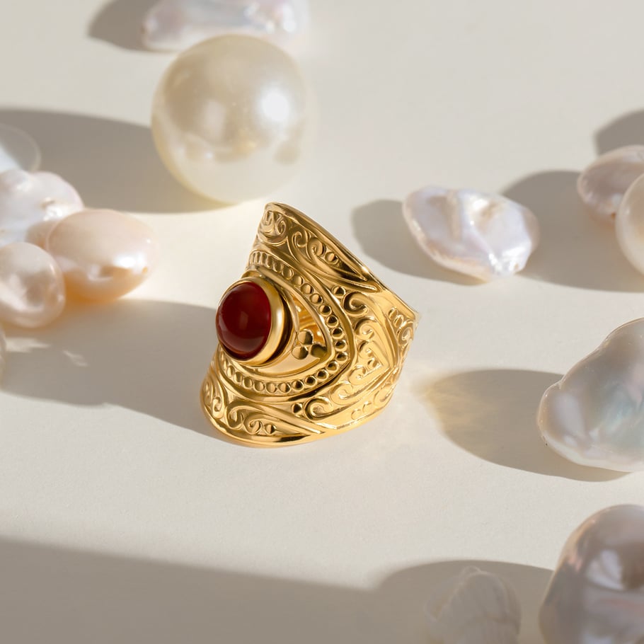 1 Pair Ethnic Series Retro Geometric Stainless Steel 18K Gold Plated Artificial Gemstone Women Adjustable Rings Picture5