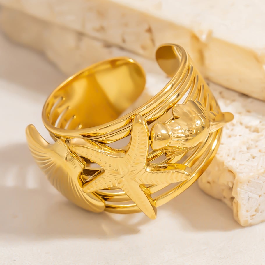 1 Stück Romantische Serie Urlaubsschildkröte Edelstahl Goldfarben Damen Verstellbare Ringe Bild5