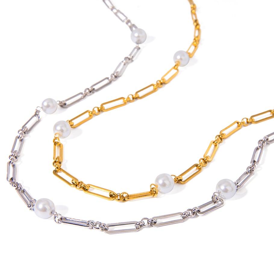 1 Stück Simple Series Elegante geometrische Edelstahl 18 Karat vergoldete Kunstperlen Damen Kettenhalsketten Bild5