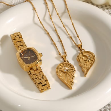 1 Piece Romantic Series Elegant Heart Couple Moon and Sun Stainless Steel Gold Color Women's Pendant Necklaces h5 Picture8