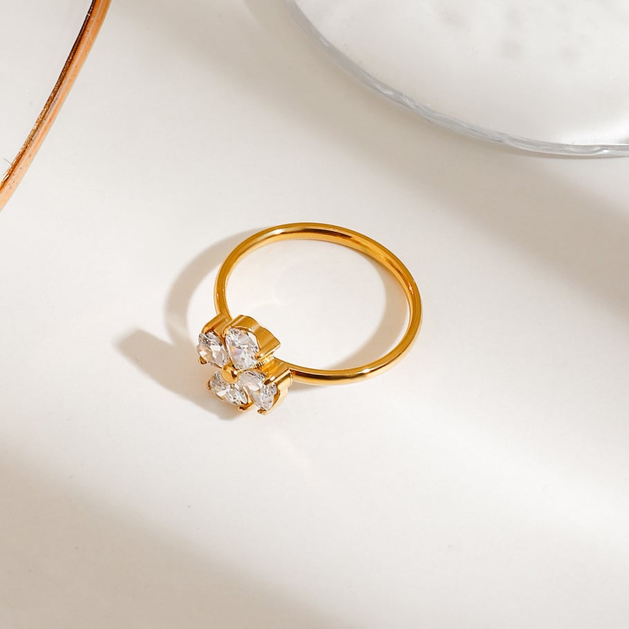 Conjunto de anillos de mujer de acero inoxidable color dorado con diseño de planta de estilo Ins de 1 pieza de lujo Imagen4