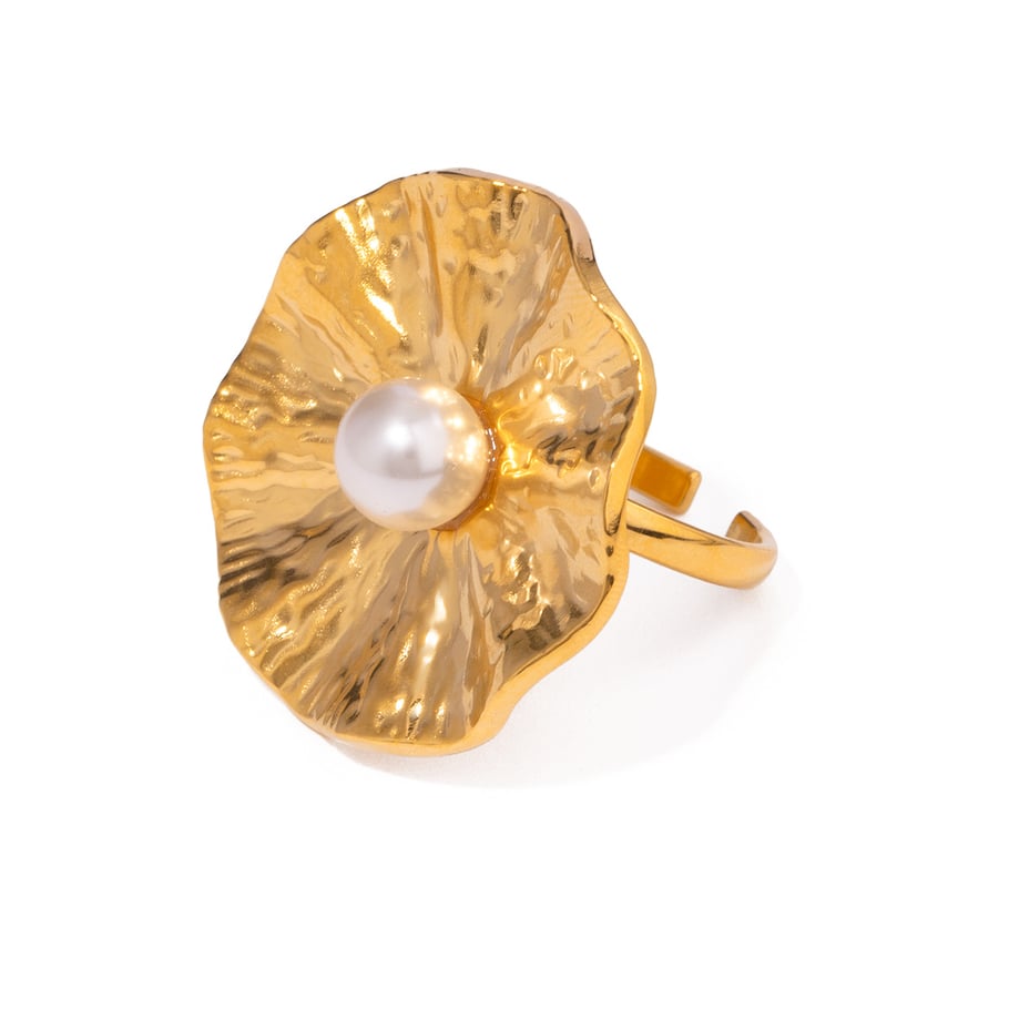 1 Pair Classic Series Retro Flower Stainless Steel 18K Gold Plated Artificial Pearl Women Adjustable Rings Picture5