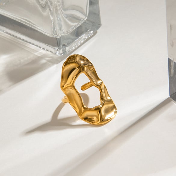 1 Piece Classic Series Ins Style Hammered Texture Stainless Steel Gold Color Women's Adjustable Rings