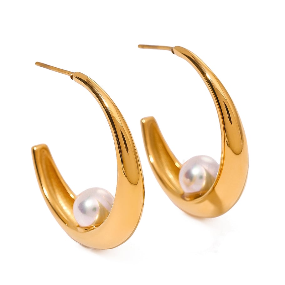 1 Pair Simple Series Elegant Geometric Stainless Steel 18K Gold Plated Artificial Pearl Women Hoop Earrings Picture6