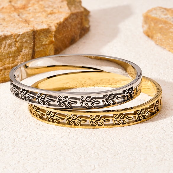 Braccialetti da donna color oro in acciaio inossidabile con pianta naturale, serie lussuosa, 1 pezzo 2