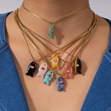 1 Piece Lustrous Series Textured FishStainless Steel Gold Color Natural Stone Women's Pendant Necklaces h5 Picture8