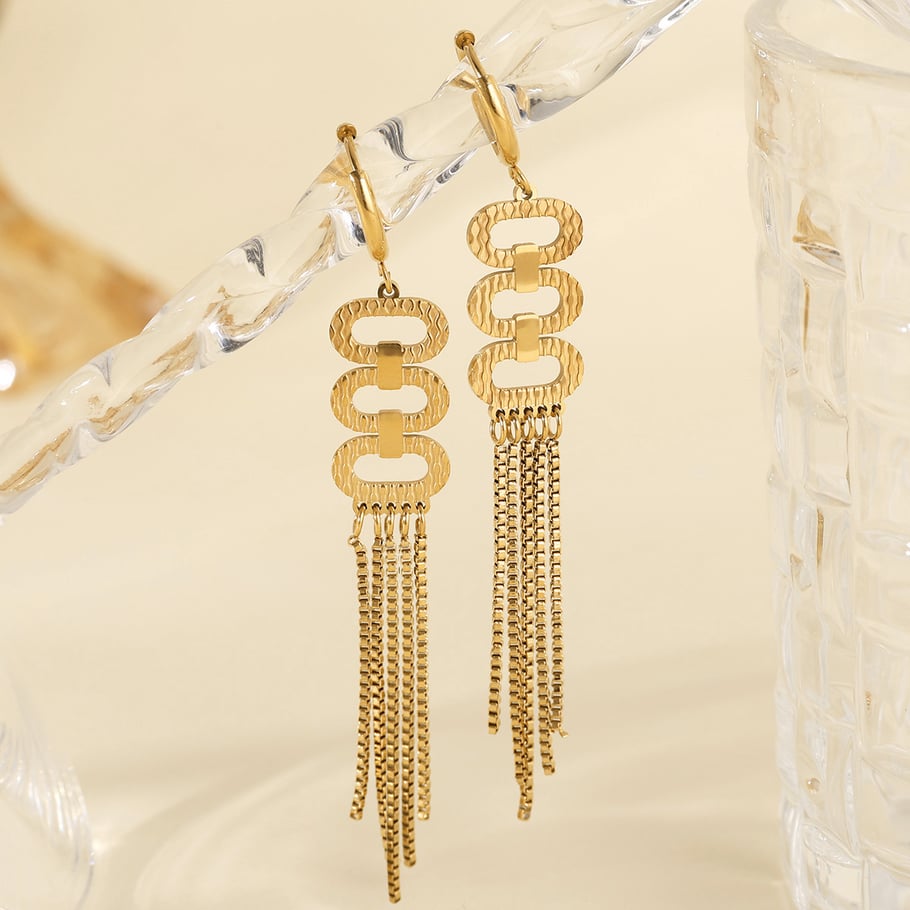 1 Pair Sophisticated Series Sleek Oval Tassel Titanium Steel Gold Color Women's Drop Earrings Picture5