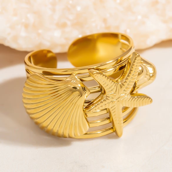 1 Piece Designable Series Vacation Chic Conch Stainless Steel Gold Color Women's Adjustable Rings