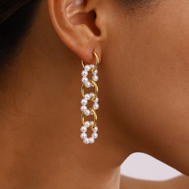 1 Pair Luxurious Series Elegant Circular Stainless Steel Gold Color Women's Beaded Drop Earrings h5 Picture5