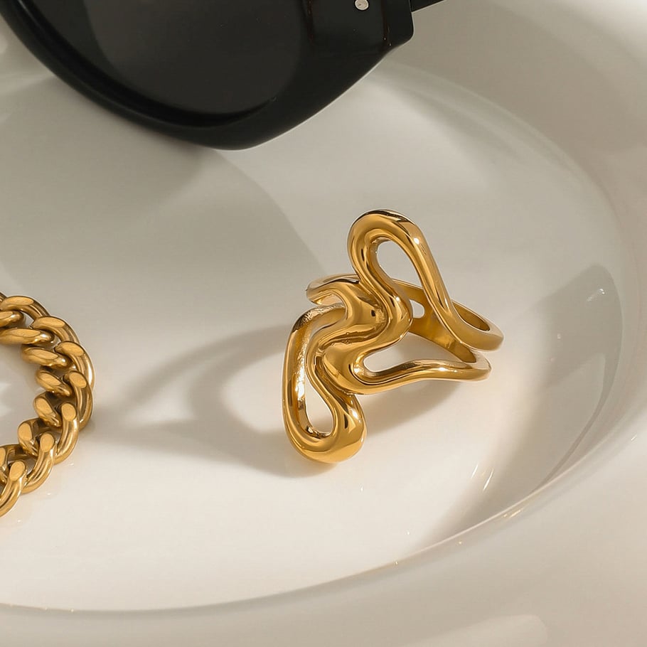Anillos individuales de acero inoxidable irregulares de alta gama, color dorado, para mujer, serie simple, 1 pieza Imagen4
