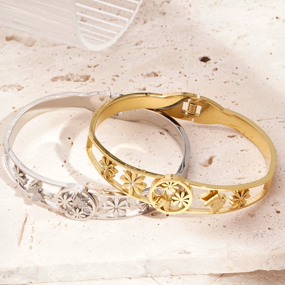 1 Piece Sophisticated Series Natural Flower & Butterfly Stainless Steel Gold Color Women's Bangles Picture6