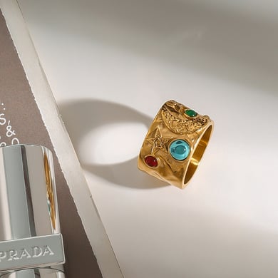 1 Piece Vintage Series Retro Colorful Moon Stainless Steel Gold Color Women's Single Rings h5 Picture5